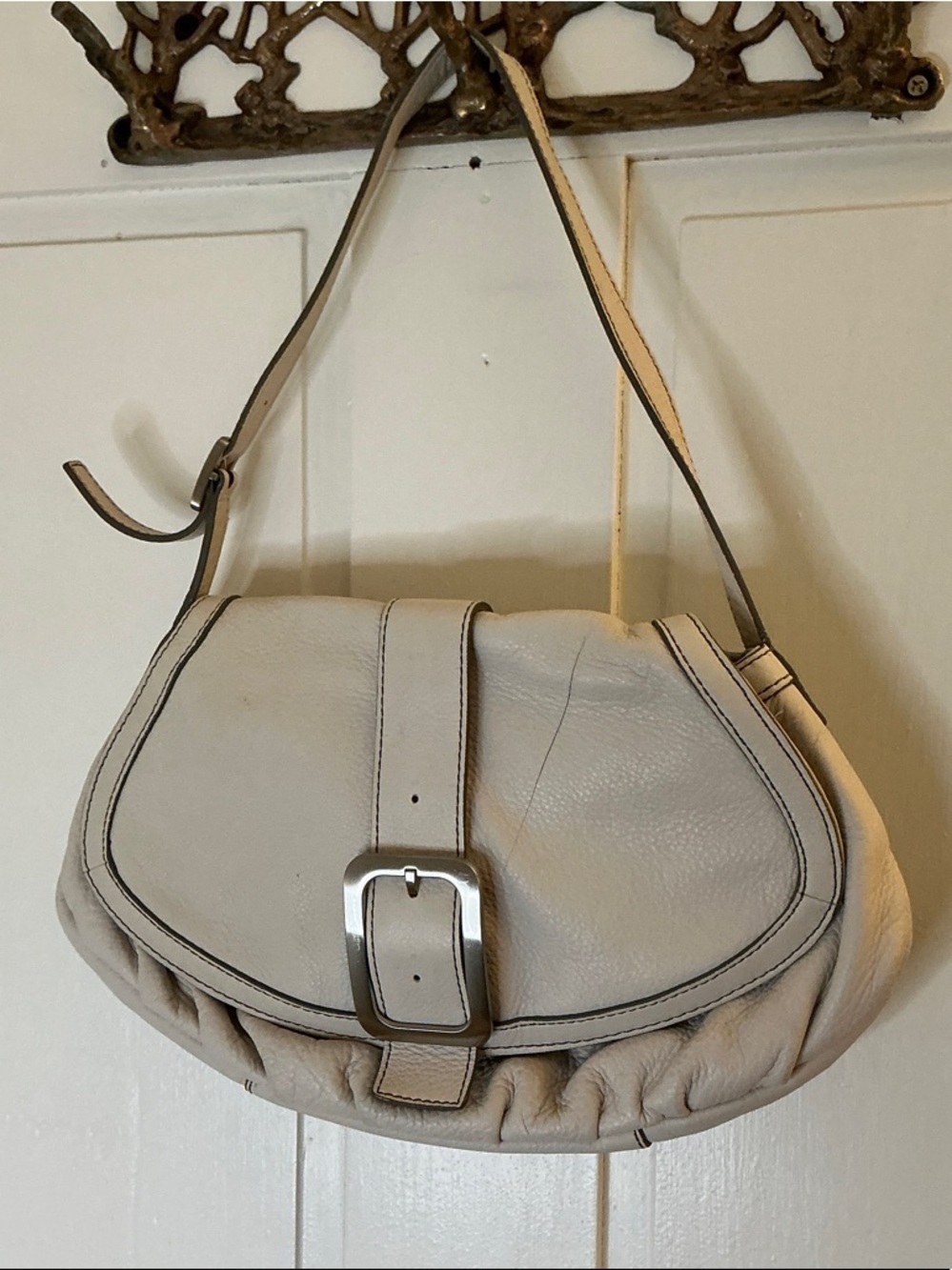Cole Haan Cream Leather Shoulder Bag with Front Buckle